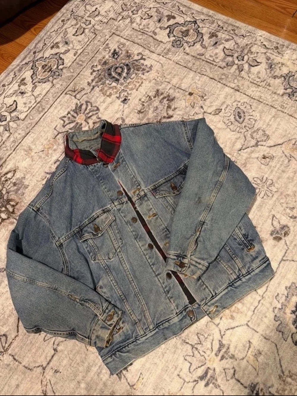 Levi's Light Blue Denim Jacket with Red Plaid Collar
